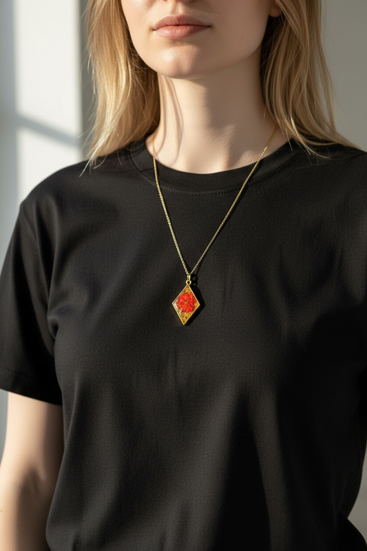 Red and Gold Flower Necklace w/ Charm